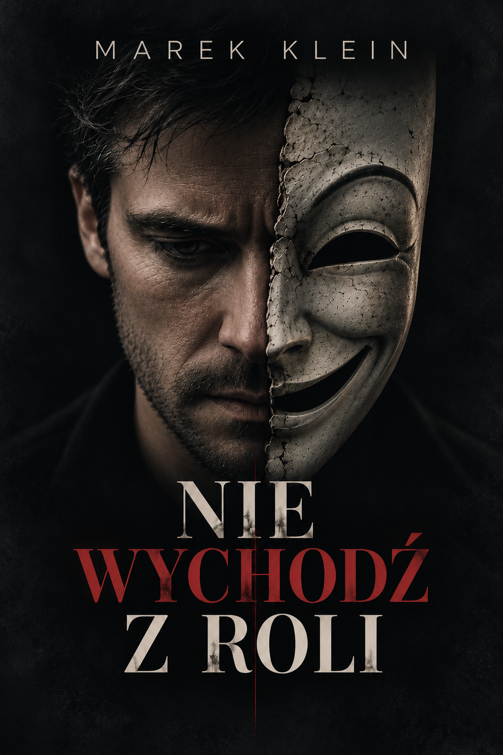 Nie wychodź z roli — Marek Klein. Okładka z twarzą mężczyzny i uśmiechniętą, pękniętą maską teatralną.